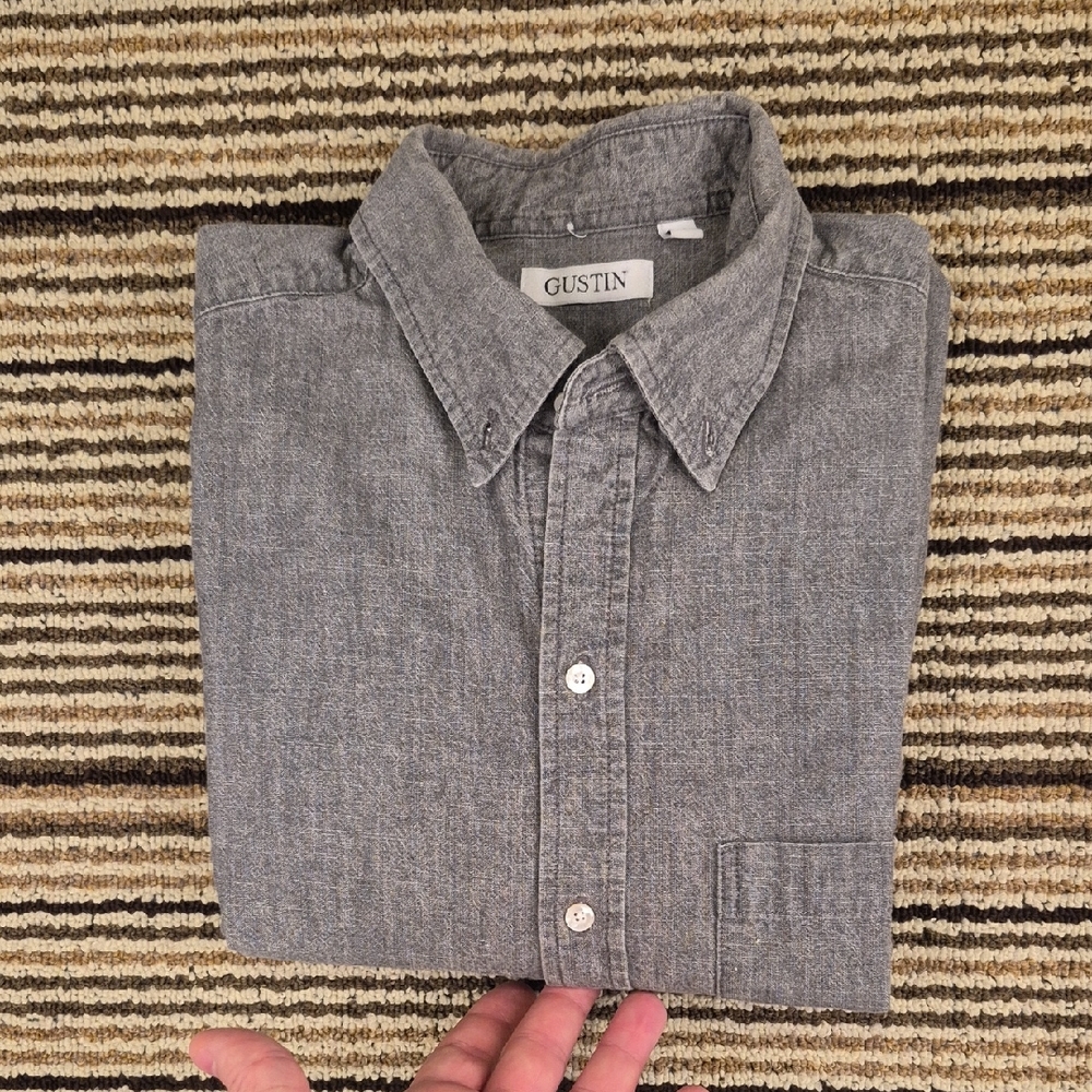 GUSTIN Solid Light Grey Denim Cotton USA Mens Large Long Sleeve Mens Shirt